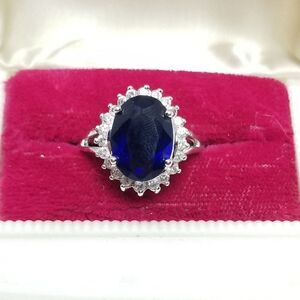Vintage Avon Blue Oval Rhinestone Ring with Halo, Princess Dianna, Size 10